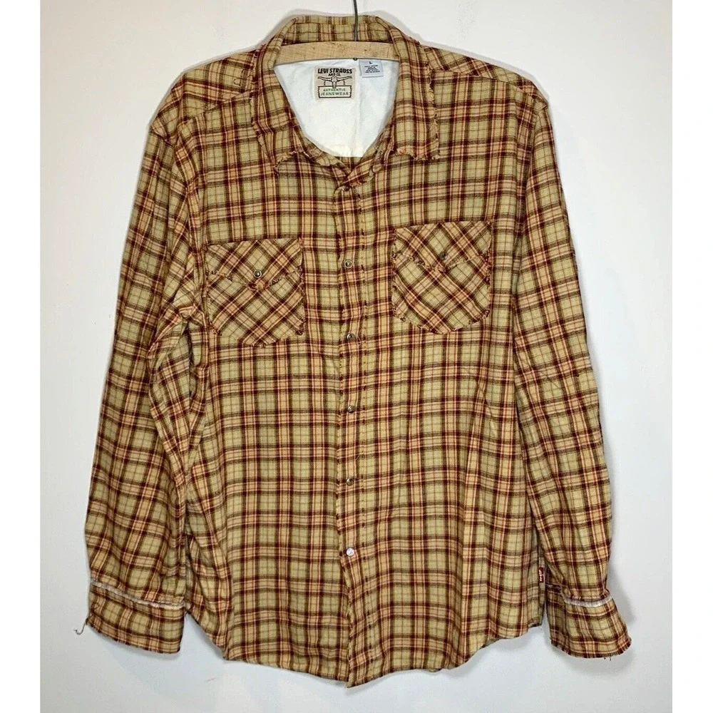 Levi Strauss Flannel Shirt Mens Large Plaid Western Pearl Snap Distressed Cotton